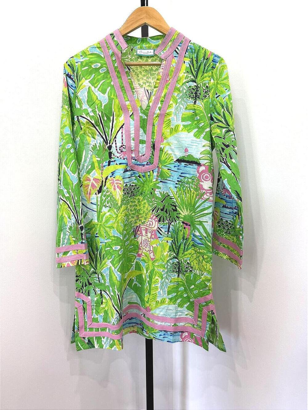 Jungle Island Long Sleeve Cabana Cover-Up  Large Tropical Print Tunic Dress